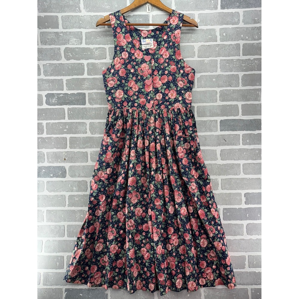 Vintage Judy Mahaffey Floral Midi Dress Navy Pink Heart Buttons Pockets Womens